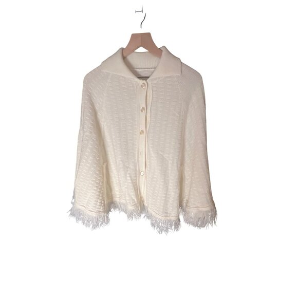 Vintage Style White Fringe Button-Up Knit Poncho With Collar - Picture 1 of 5